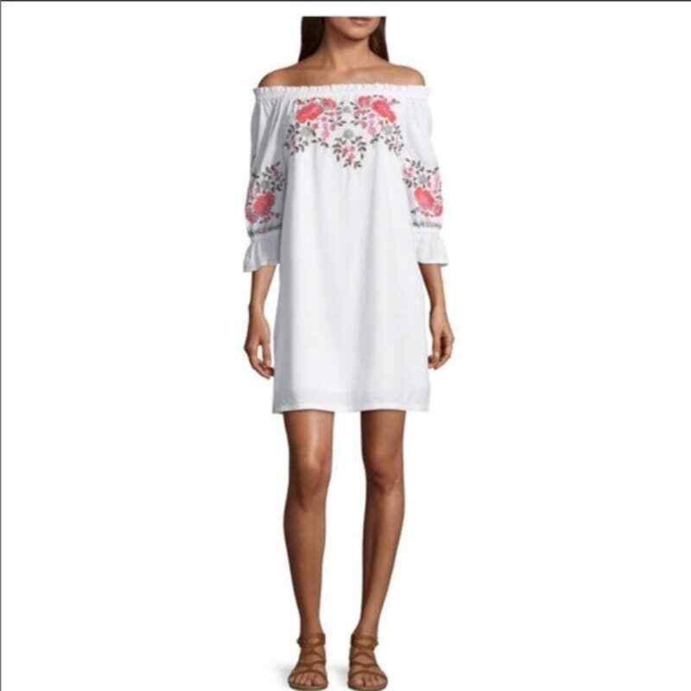White Off-Shoulder Boho Dress with Pink Floral Embroidery